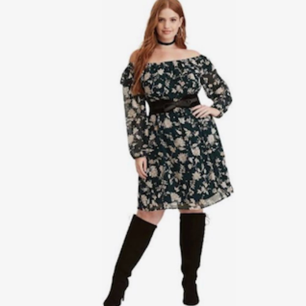 Torrid Women Green Shoulder Off Stretchy Floral Dress
